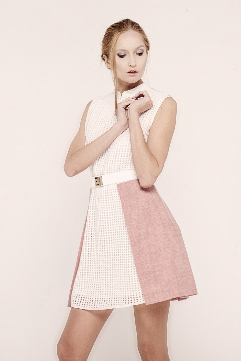 Buy Short sleeveless pink soft wool dress with zipper belt, design dress